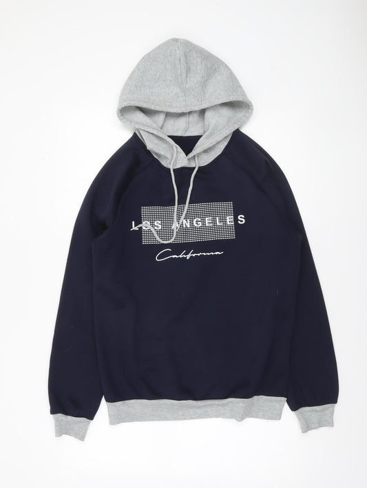 SHEIN Men's Navy & Grey Pullover Hoodie Small Graphic Print