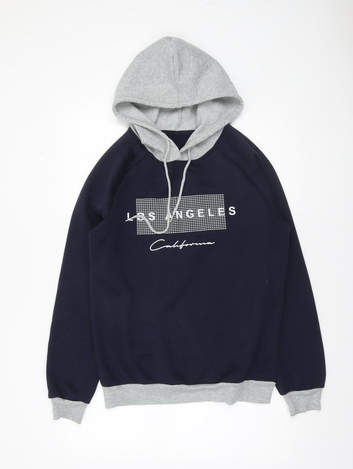 SHEIN Men's Navy & Grey Pullover Hoodie Small Graphic Print