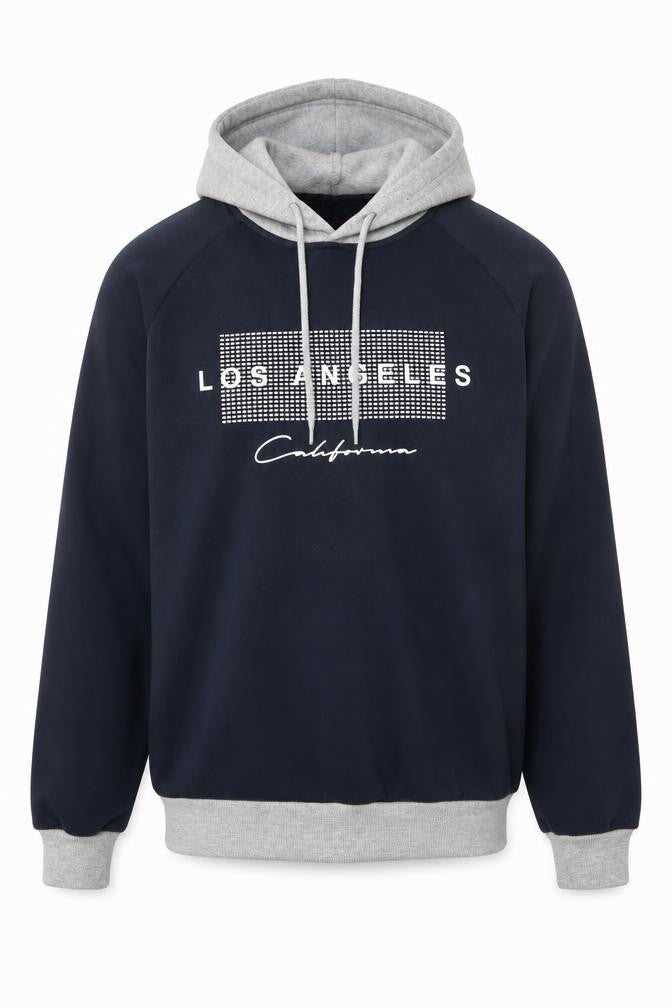 Front view of SHEIN Men's Navy & Grey Pullover Hoodie Small Graphic Print
