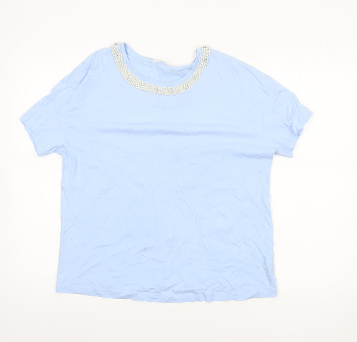 Savida Women's Blue Beaded Neck Cotton T-Shirt Size 12