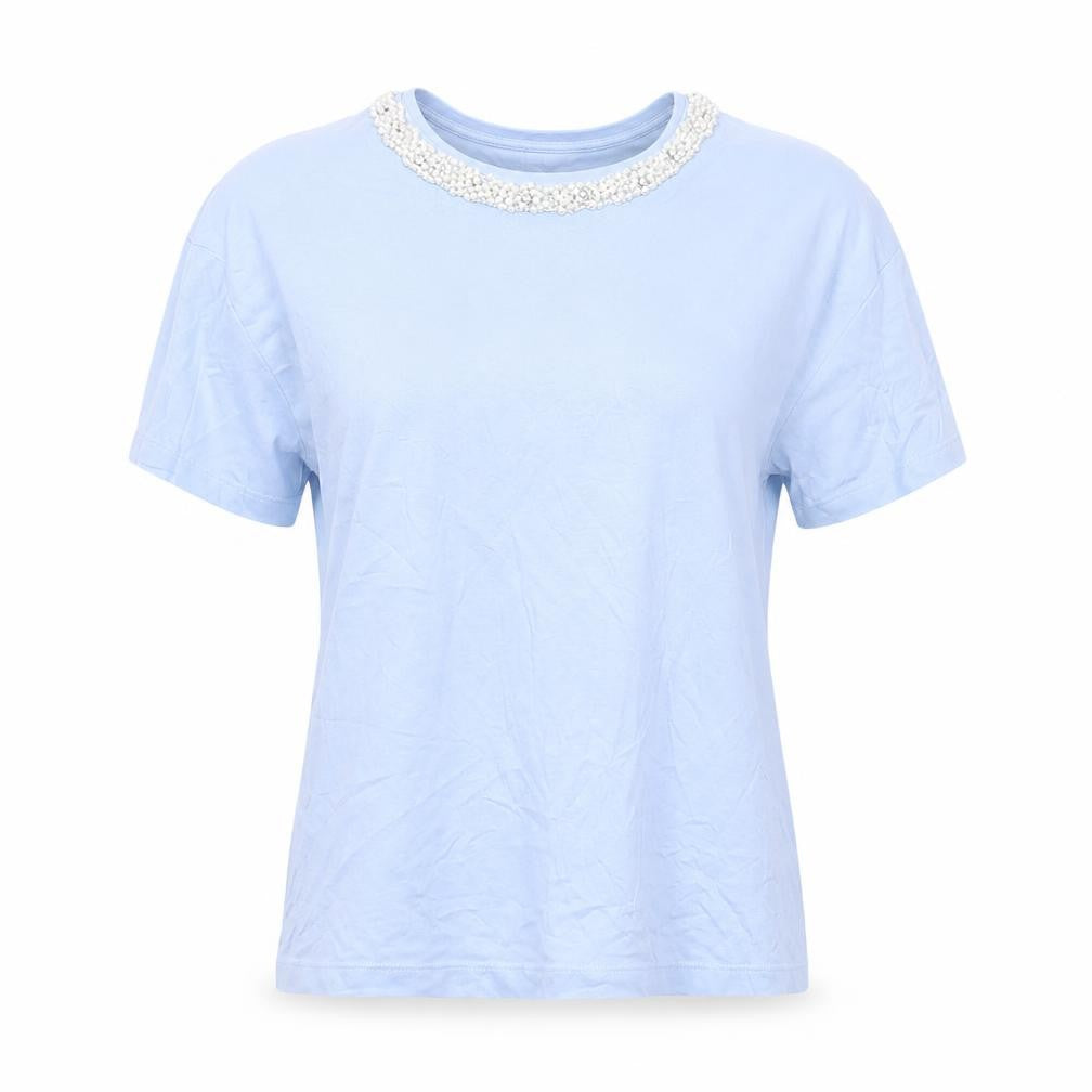 Front view of Savida Women's Blue Beaded Neck Cotton T-Shirt, size 12