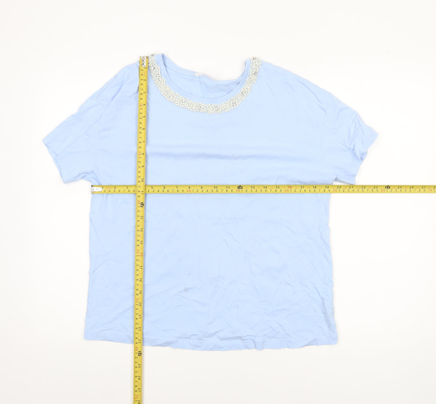 Savida Women's Blue Beaded Neck Cotton T-Shirt Size 12