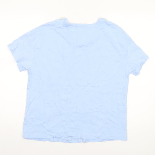 Savida Women's Blue Beaded Neck Cotton T-Shirt Size 12
