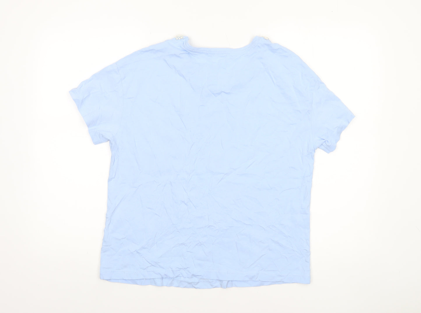 Savida Women's Blue Beaded Neck Cotton T-Shirt Size 12