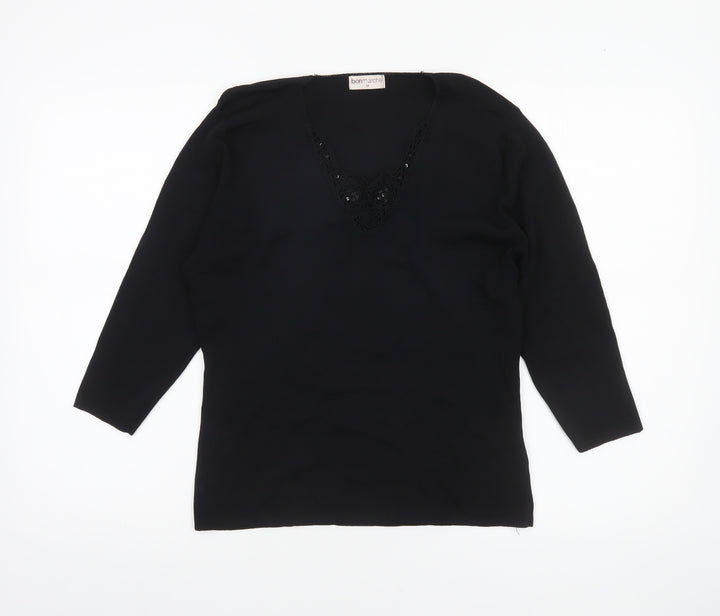 Bonmarché Women’s Black Beaded 3/4 Sleeve Knit Blouse Size M