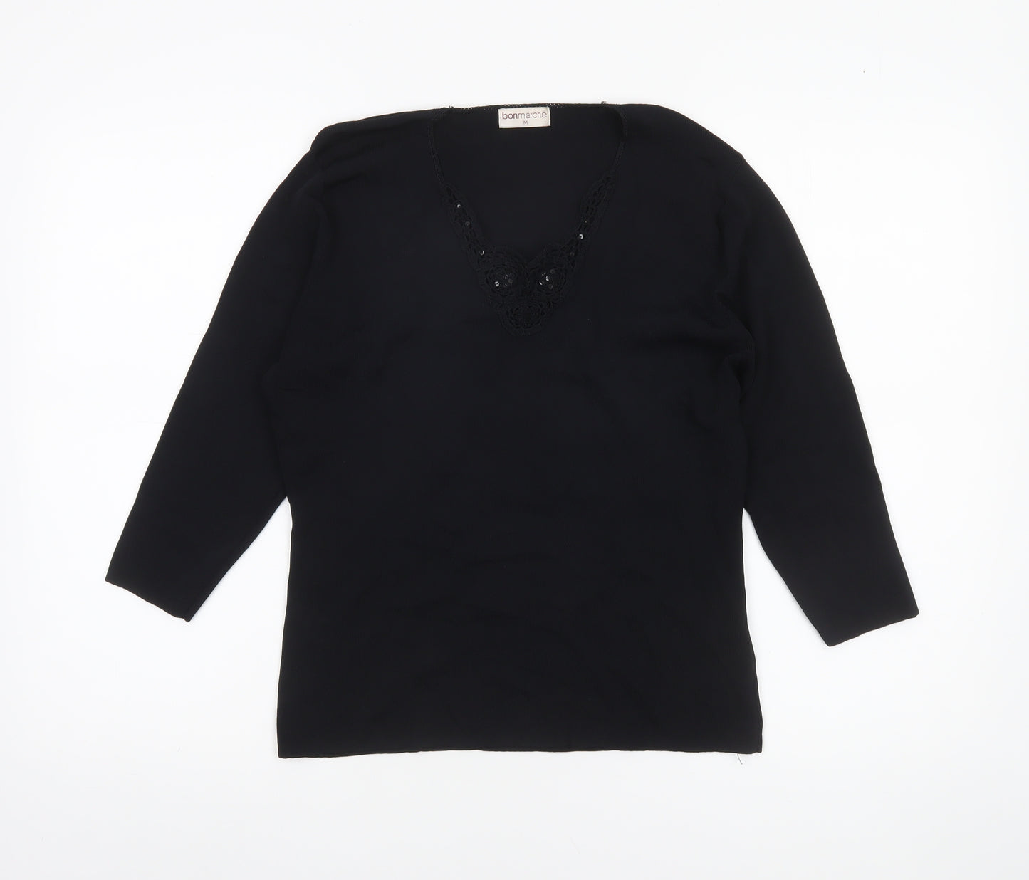 Bonmarché Women’s Black Beaded 3/4 Sleeve Knit Blouse Size M