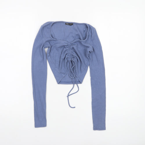 Zara Women Blue Cropped Long Sleeve Drawstring Top Size 8