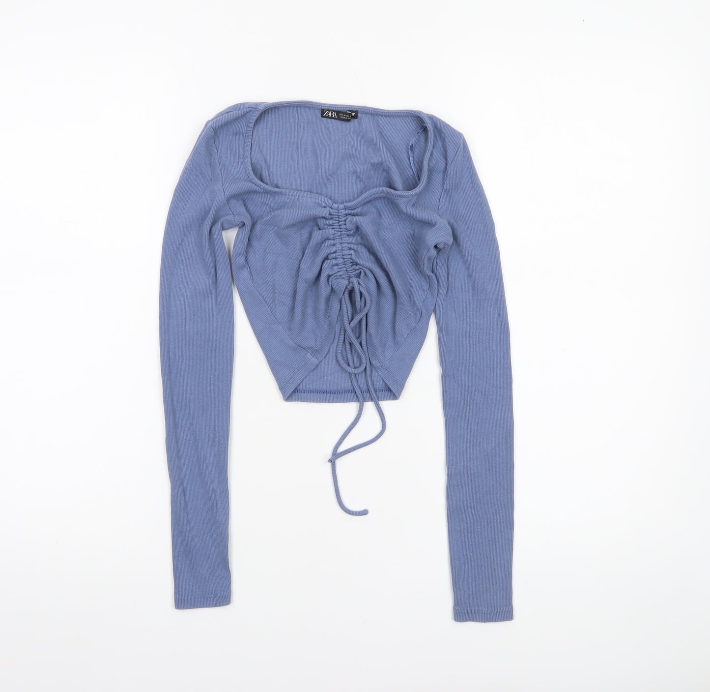 Zara Women Blue Cropped Long Sleeve Drawstring Top Size 8