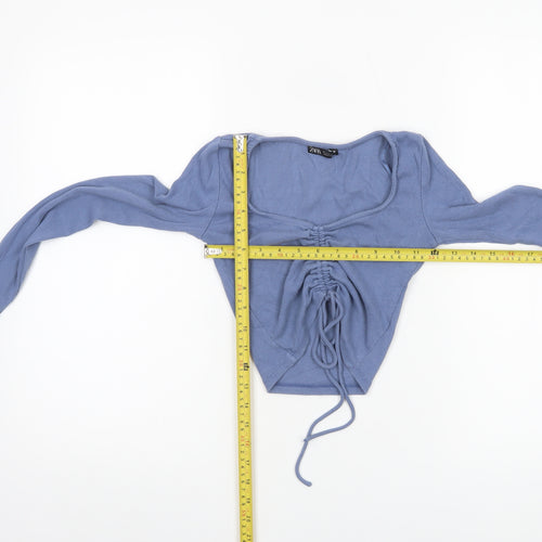 Zara Women Blue Cropped Long Sleeve Drawstring Top Size 8