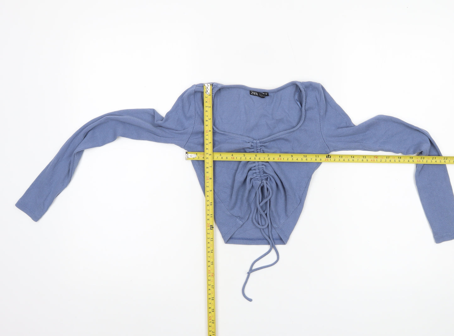 Zara Women Blue Cropped Long Sleeve Drawstring Top Size 8