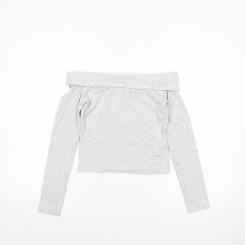 Stradivarius Womens Grey Off Shoulder Cropped Long Sleeve Top Size 12