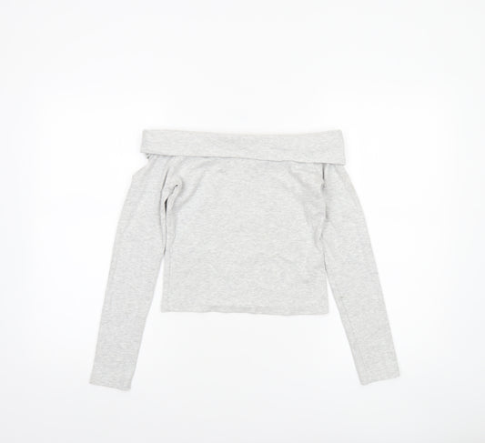 Stradivarius Womens Grey Off Shoulder Cropped Long Sleeve Top Size 12