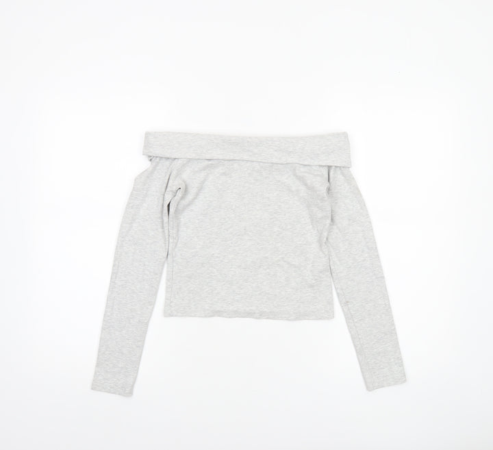 Stradivarius Womens Grey Off Shoulder Cropped Long Sleeve Top Size 12