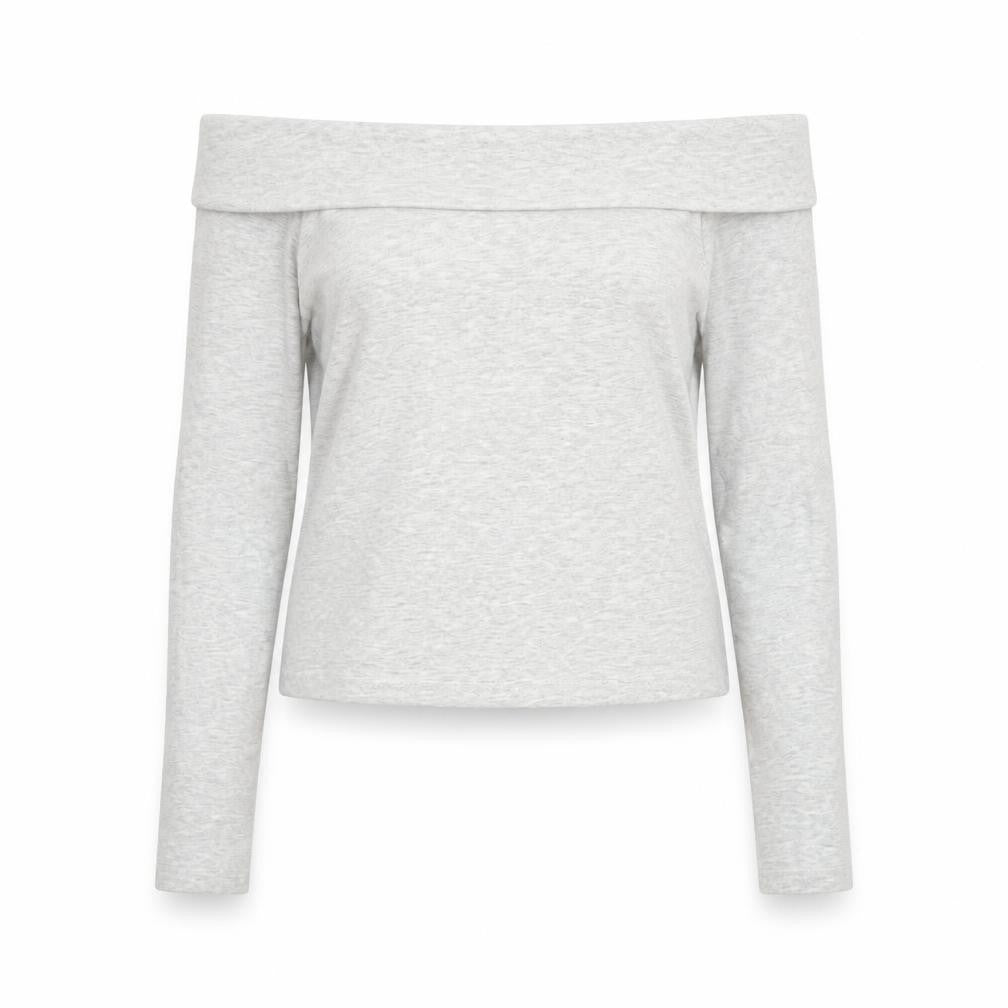 Front view of Stradivarius women’s grey off shoulder cropped long sleeve top, size UK 12