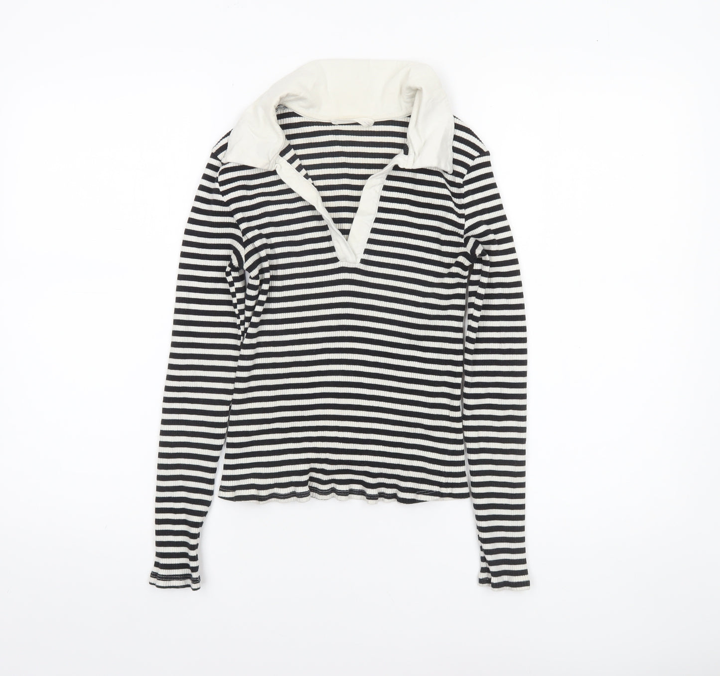 MNG Women's Black Stripe Collared Long Sleeve Cotton Top M