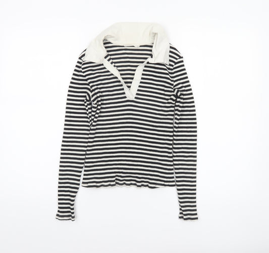 MNG Women's Black Stripe Collared Long Sleeve Cotton Top M