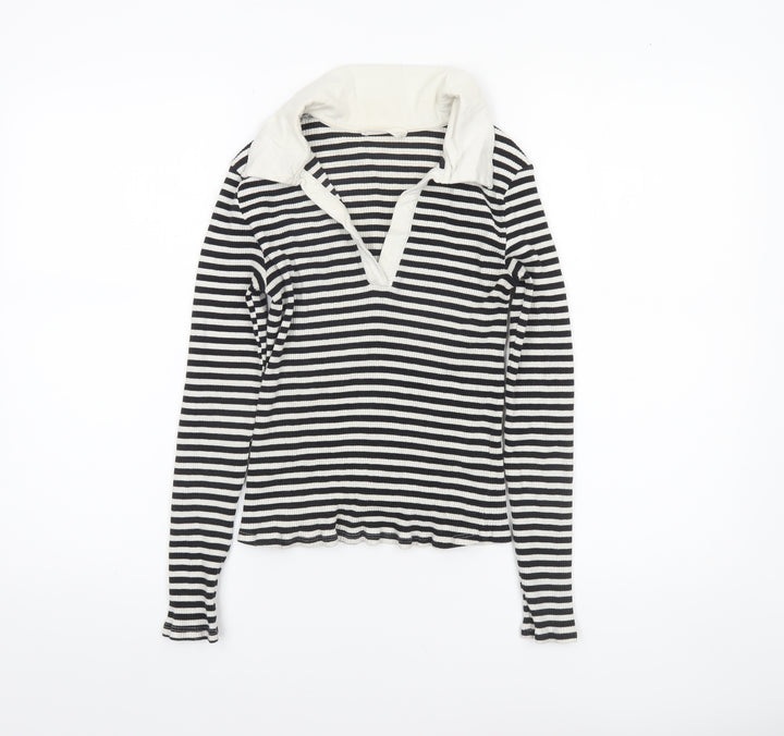 MNG Women's Black Stripe Collared Long Sleeve Cotton Top M