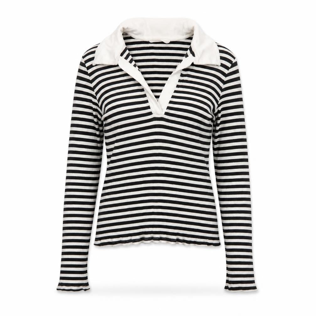 Front view of Mango Women's Black Stripe Collared Long Sleeve Cotton Top M