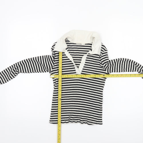 MNG Women's Black Stripe Collared Long Sleeve Cotton Top M