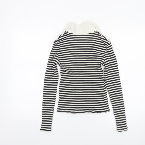 MNG Women's Black Stripe Collared Long Sleeve Cotton Top M