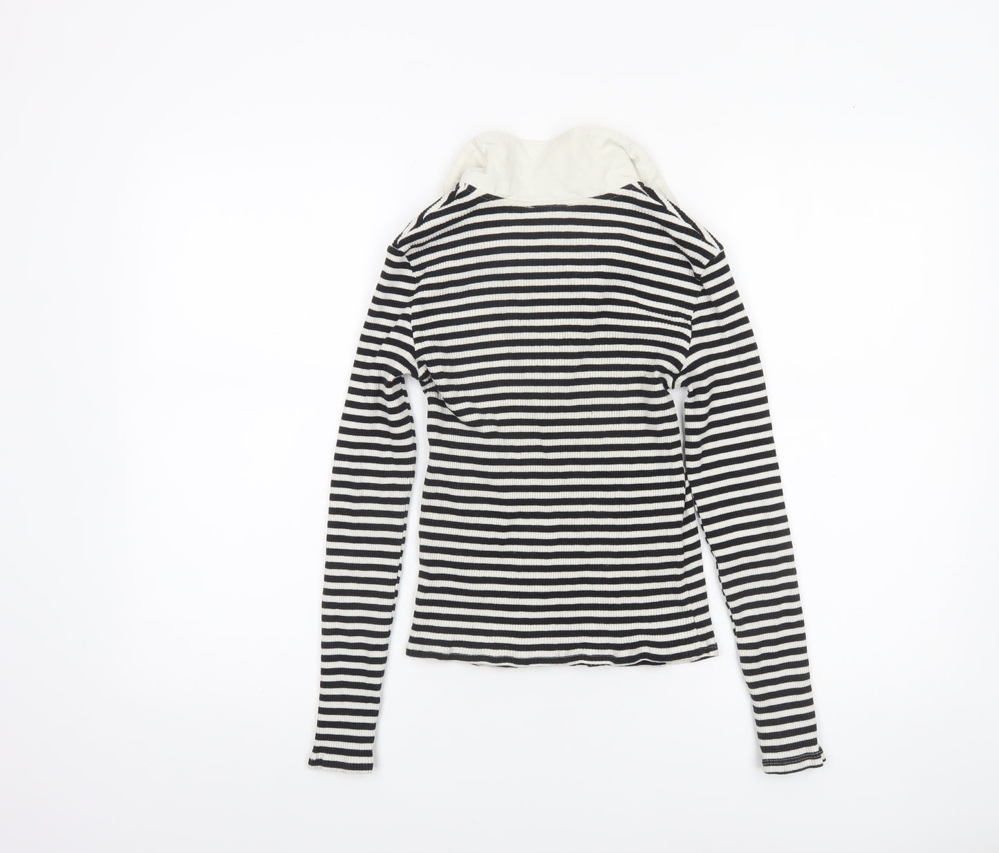 MNG Women's Black Stripe Collared Long Sleeve Cotton Top M