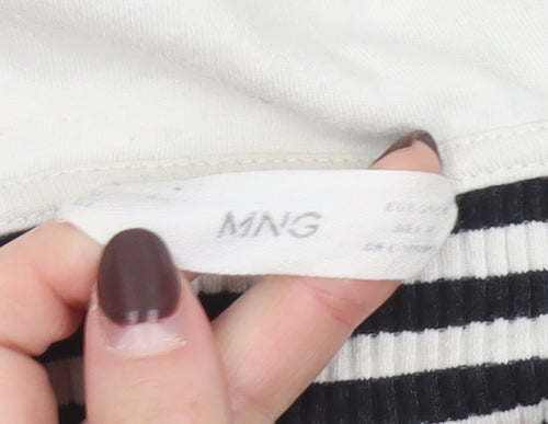 MNG Women's Black Stripe Collared Long Sleeve Cotton Top M