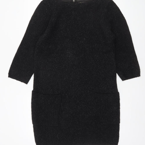 Monsoon Women Black Wool Blend Tunic Jumper M 3/4 Sleeve Boat Neck