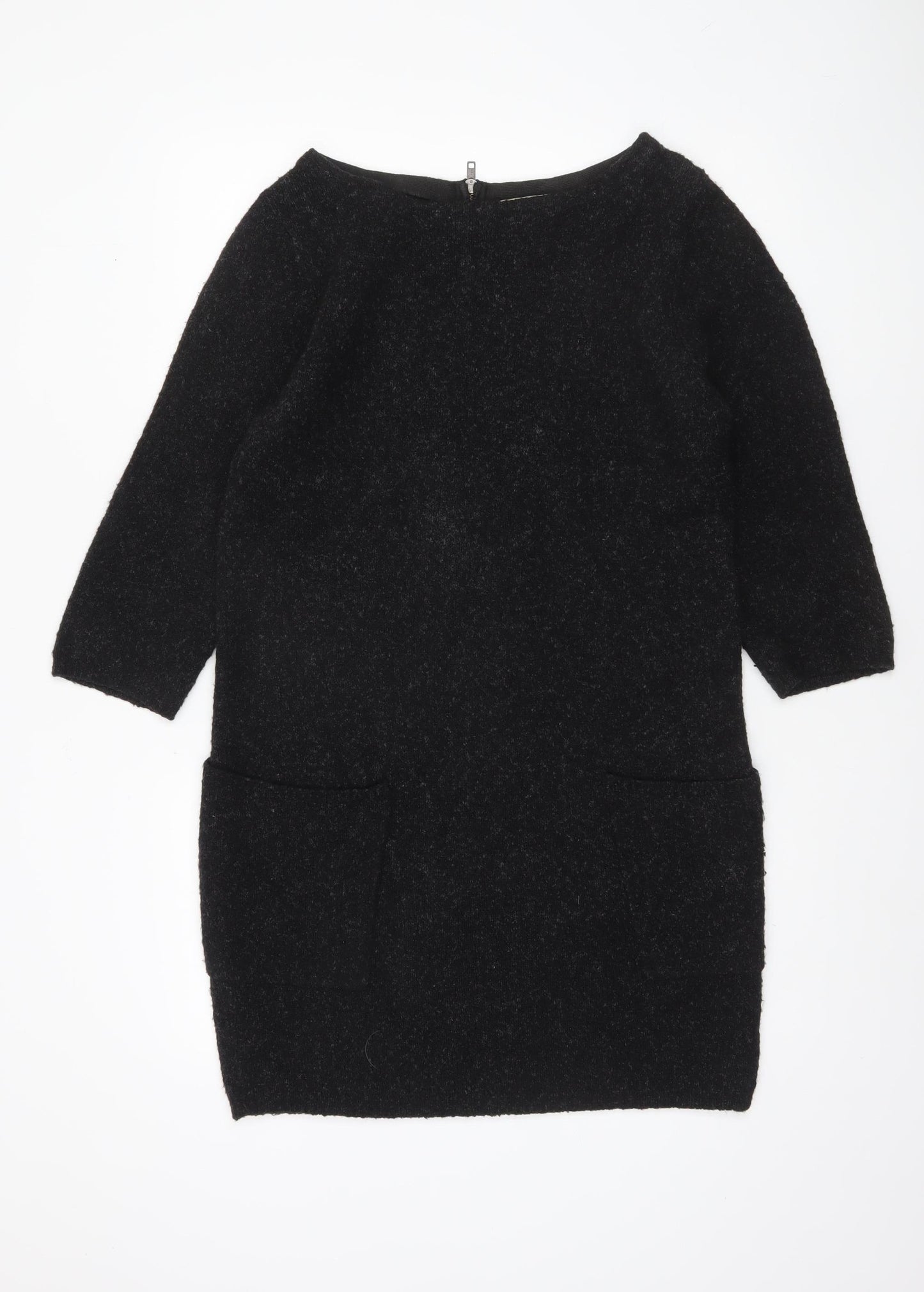 Monsoon Women Black Wool Blend Tunic Jumper M 3/4 Sleeve Boat Neck