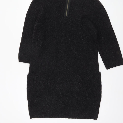Monsoon Women Black Wool Blend Tunic Jumper M 3/4 Sleeve Boat Neck