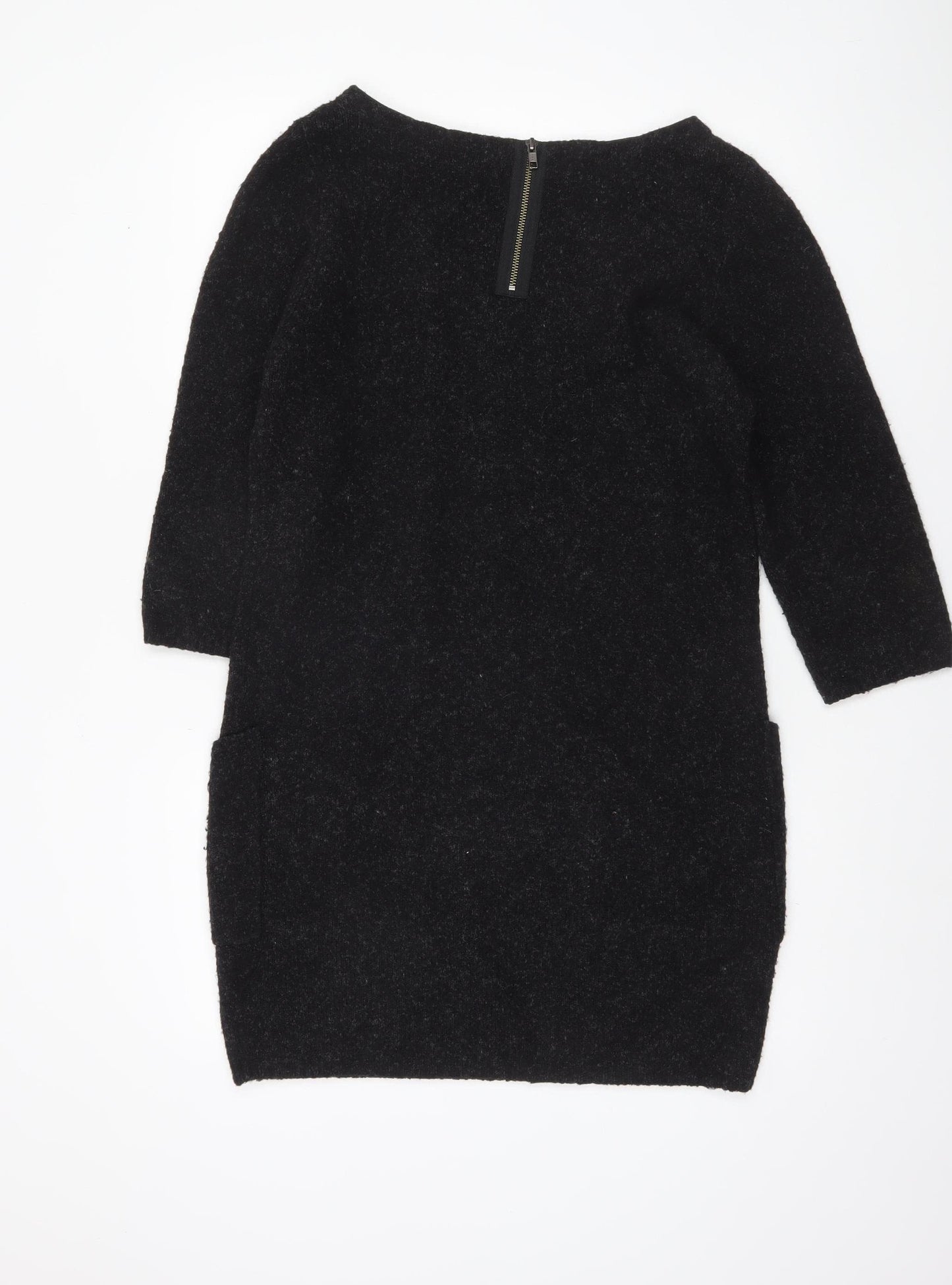 Monsoon Women Black Wool Blend Tunic Jumper M 3/4 Sleeve Boat Neck
