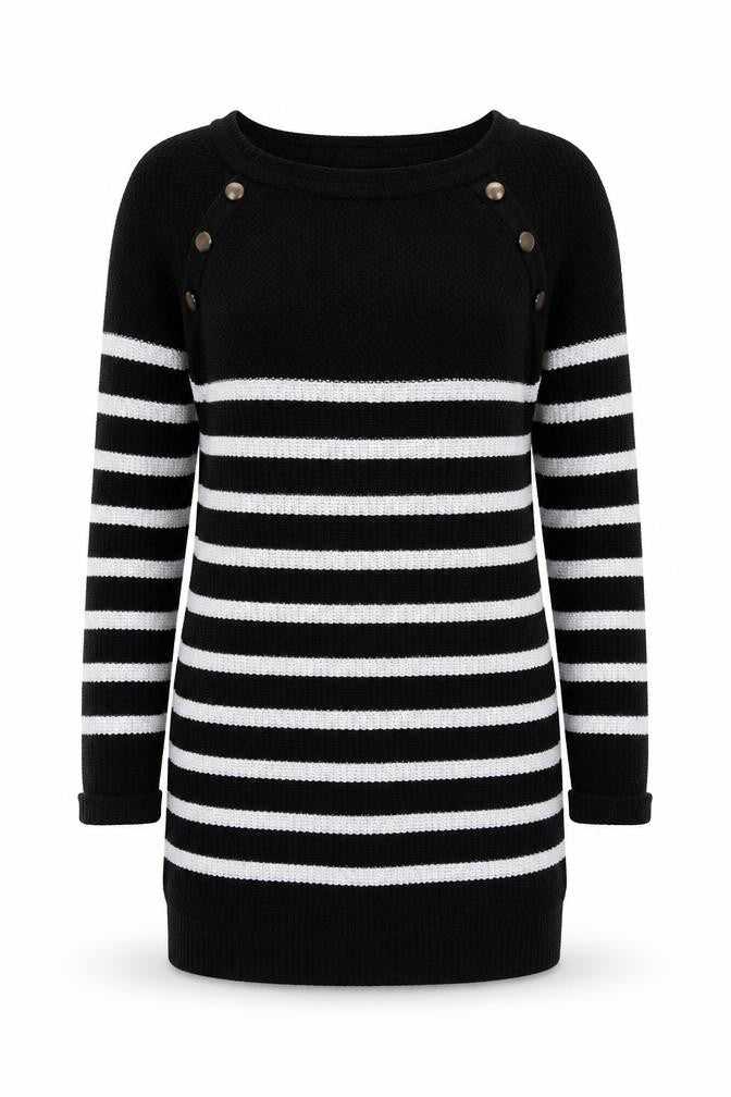 Front view of Next women’s black & white striped long sleeve knit jumper, size UK 12