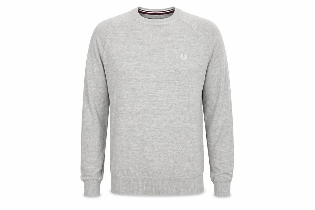 Front view of Fred Perry Men's Grey Wool Crew Neck jumper XS