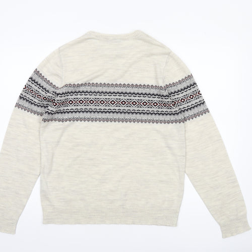 DeFacto Mens Beige Fair Isle Knit Jumper L Crew Neck Sweater