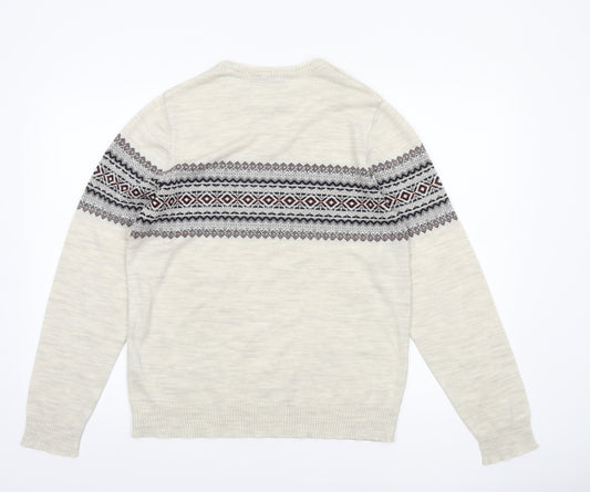 DeFacto Mens Beige Fair Isle Knit Jumper L Crew Neck Sweater