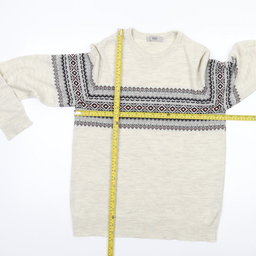 DeFacto Mens Beige Fair Isle Knit Jumper L Crew Neck Sweater