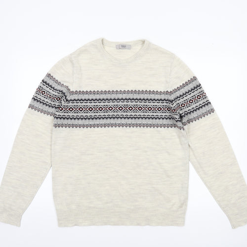 DeFacto Mens Beige Fair Isle Knit Jumper L Crew Neck Sweater