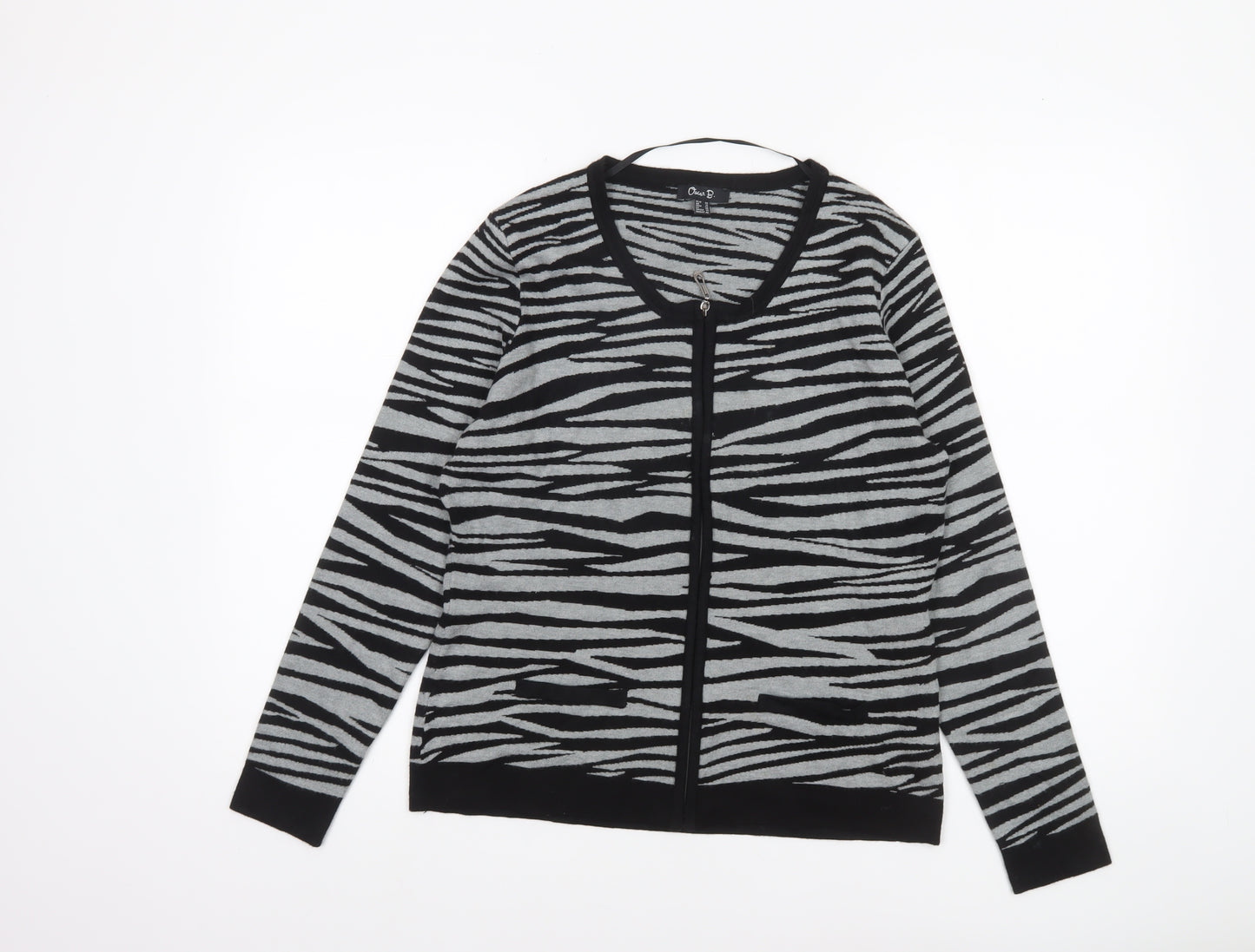 Oscar B. Women Black Zebra Print Full Zip Cardigan Size 14