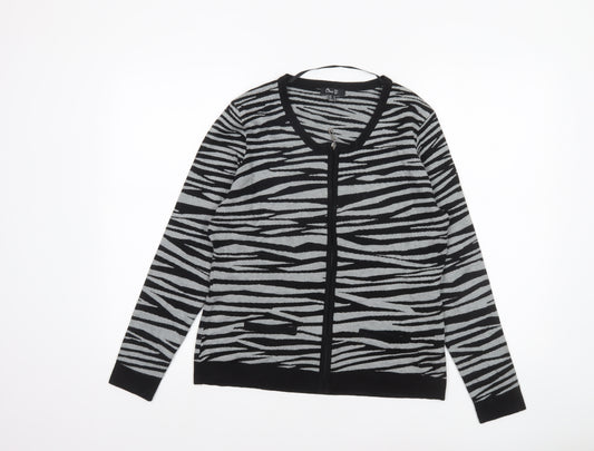 Oscar B. Women Black Zebra Print Full Zip Cardigan Size 14