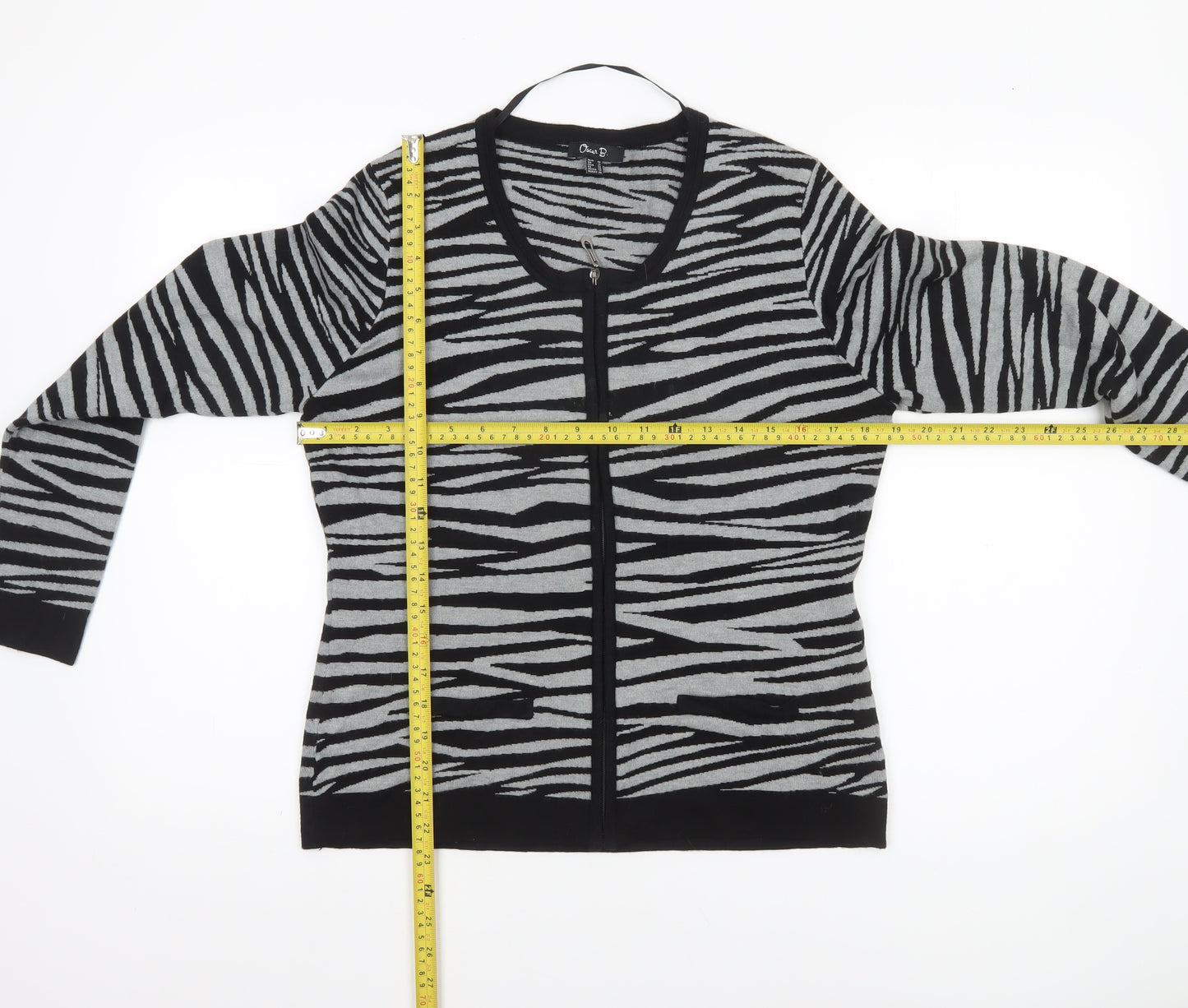 Oscar B. Women Black Zebra Print Full Zip Cardigan Size 14