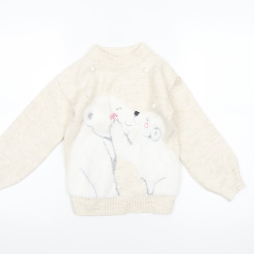 Primark Girls Beige Animal Knit Jumper 6-7 Years Winter Pullover Sweater