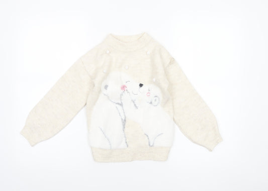 Primark Girls Beige Animal Knit Jumper 6-7 Years Winter Pullover Sweater
