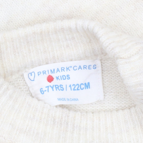 Primark Girls Beige Animal Knit Jumper 6-7 Years Winter Pullover Sweater