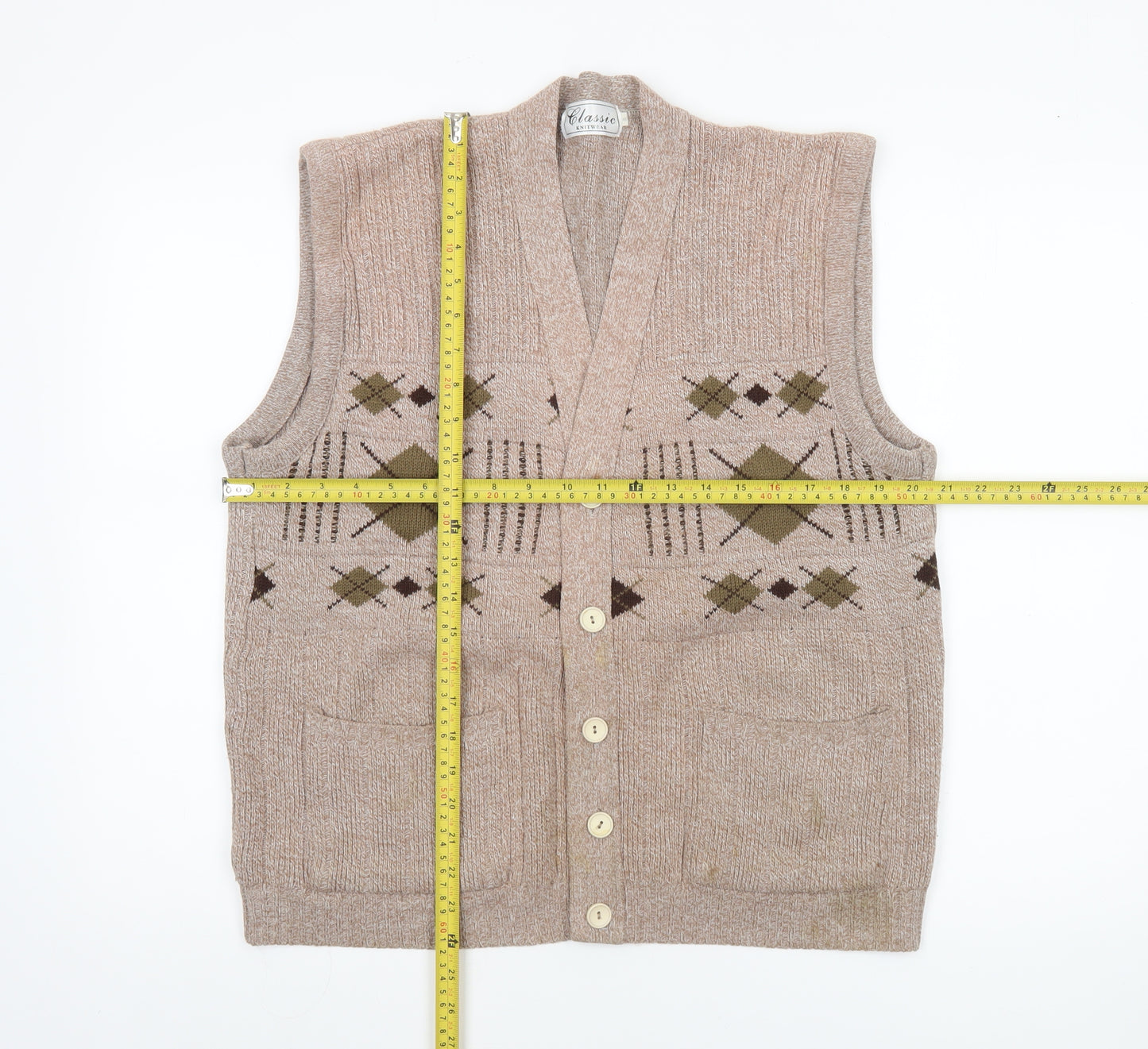 Classic Knitwear Men's Beige Argyle Sleeveless Vest L Knit Acrylic