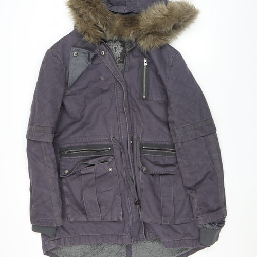 Label Lab Women’s Grey Parka Jacket Size 14 Faux Fur Hooded Mid-Length