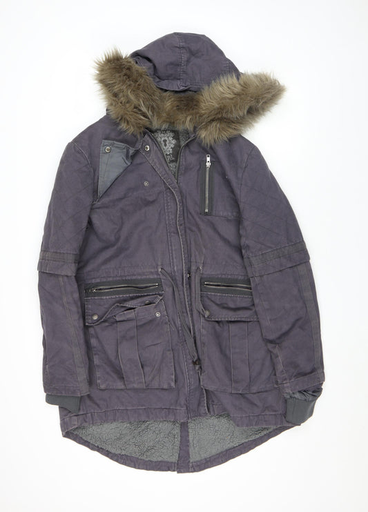 Label Lab Women’s Grey Parka Jacket Size 14 Faux Fur Hooded Mid-Length