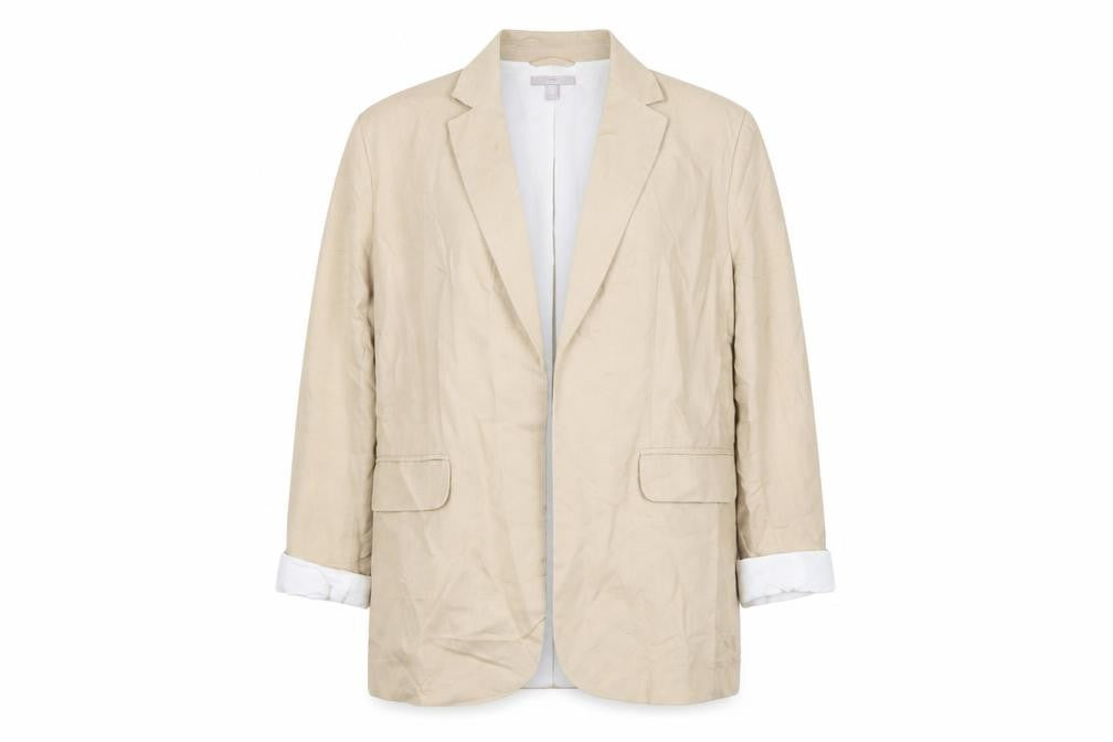 Front view of H&M Women’s Beige Linen Blend Blazer Jacket, size S, Regular Fit