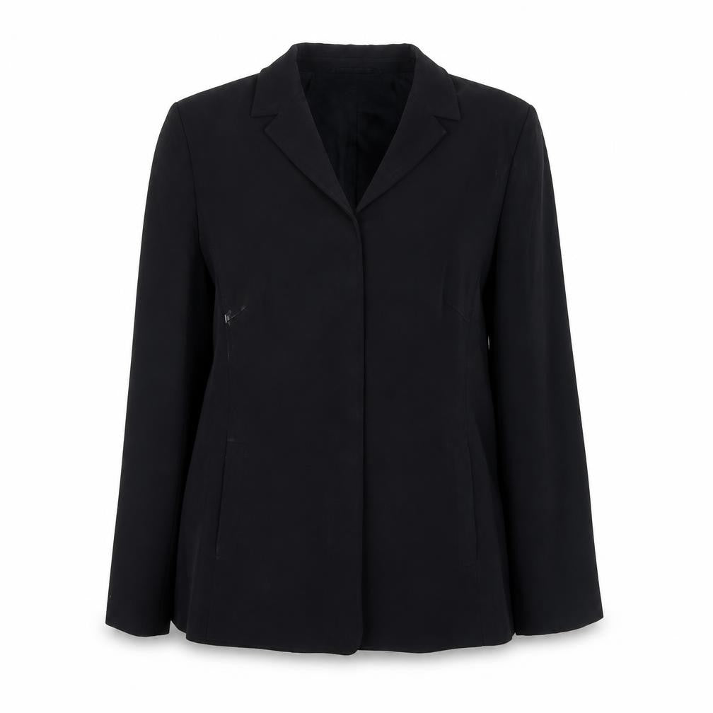 Front view of Planet women’s black, size UK 12, regular fit mid-length blazer jacket