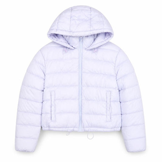 Front view of Primark Women’s Purple Hooded Cropped Puffer Jacket, size M