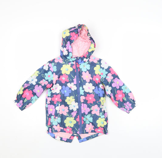 JoJo Maman Bébé Girls Blue Floral Hooded Rain Coat Size 4 Years Waterproof Lined