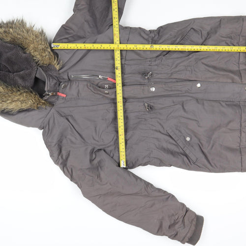 Mint Velvet Girls Grey Faux Fur Hooded Parka Coat 11-12 Years Winter Zip Jacket